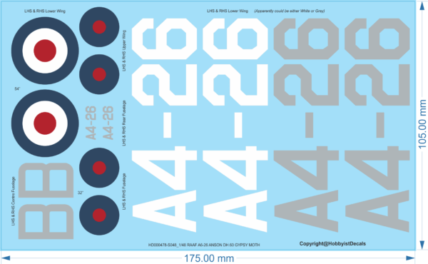 RAAF A6-26 ANSON DH.60 GYPSY MOTH Aircraft Decal - 1/48 - Water Decal