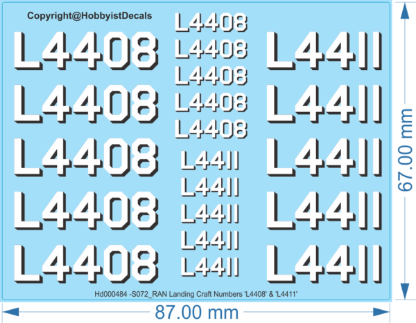 RAN Landing Craft Numbers 'L4408' & 'L4411' Ship Decal - 1/72 - Water Decal