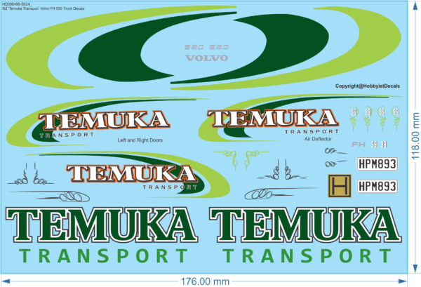 NZ 'Temuka Transport' Volvo FH 550 Truck Decals - 1/24 - Water Decal