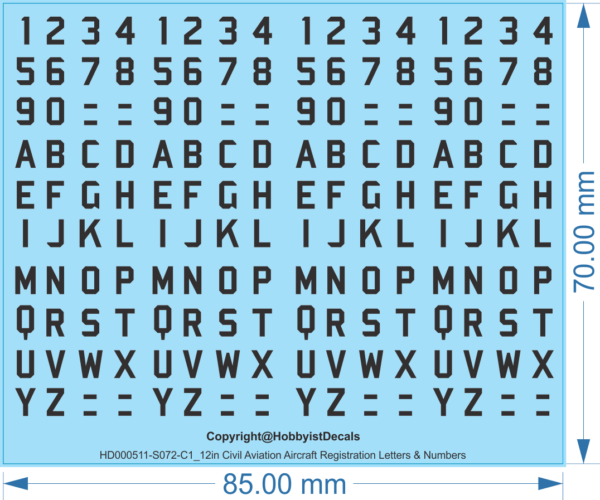 Civil Aviation Aircraft Registration 12inch Letters & Numbers -1/72 -Water Decal