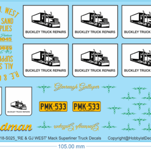 RE & GJ WEST decals Mack Superliner Truck Decals - 1/25 - Water Decal