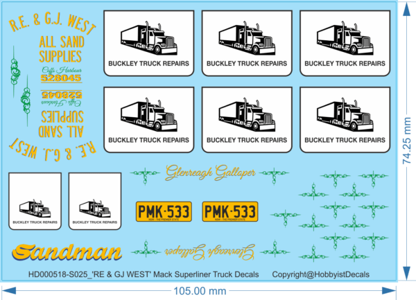 RE & GJ WEST decals Mack Superliner Truck Decals - 1/25 - Water Decal