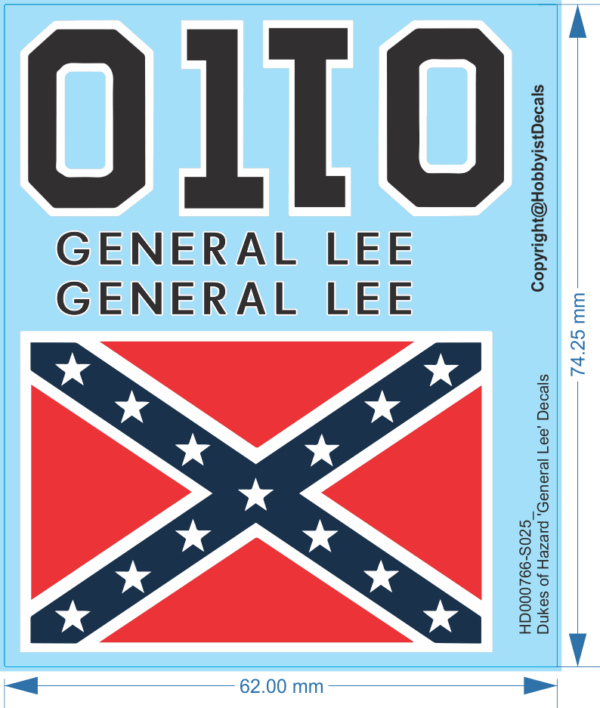 Dukes of Hazard 'General Lee' Car Decals - 1/25 1/87 - Water Decal